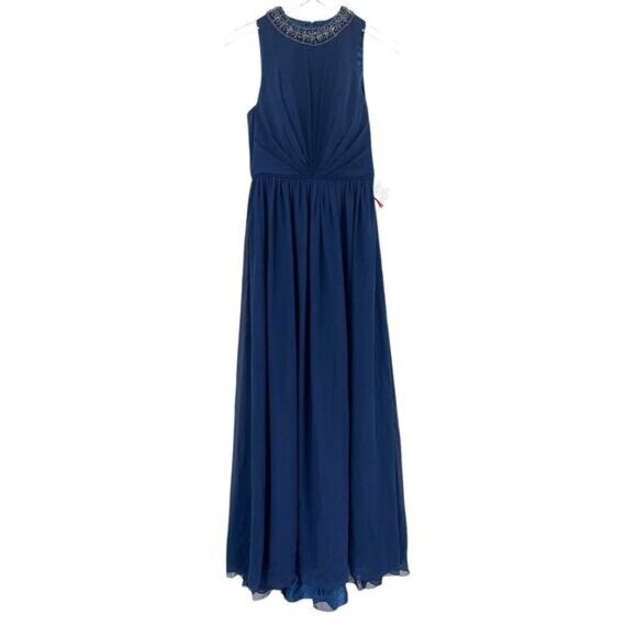 FLAW - MAC DUGGAL Dress 6 Evening Gown Navy Blue Bejeweled Pleated Chiffon #7969 - Picture 4 of 11